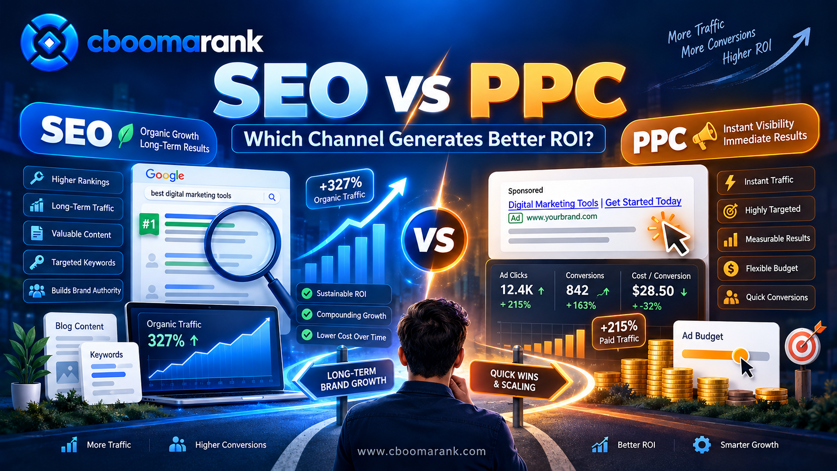 CBOOMARANK SEO vs PPC comparison showing organic growth, paid advertising, traffic, conversions and ROI