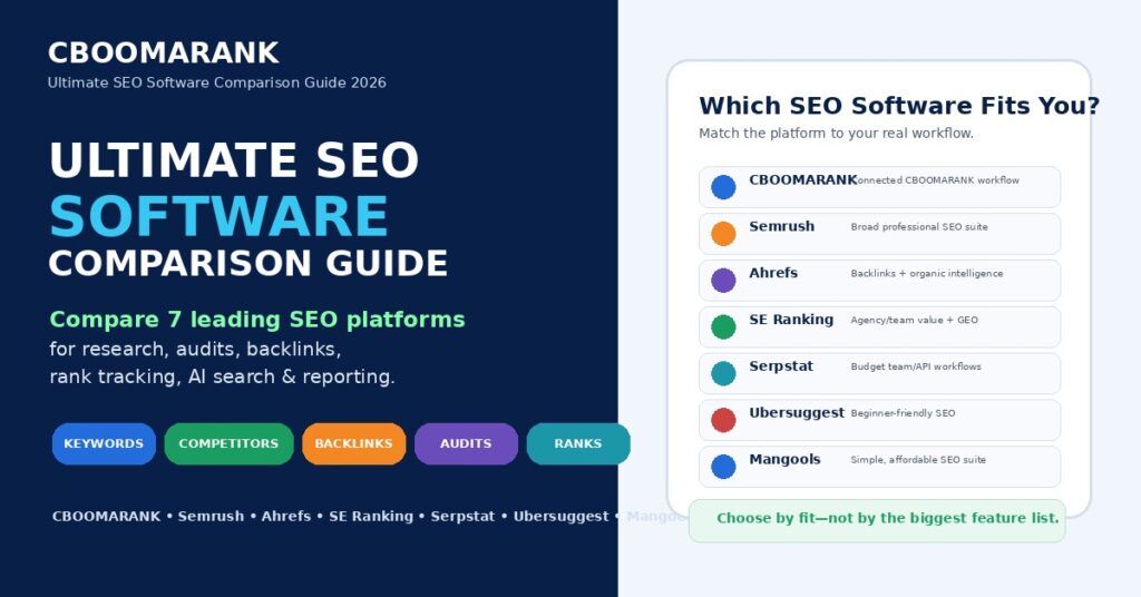 Ultimate SEO software comparison guide for 2026 featuring CBOOMARANK, Semrush, Ahrefs, SE Ranking, Serpstat, Ubersuggest and Mangools.