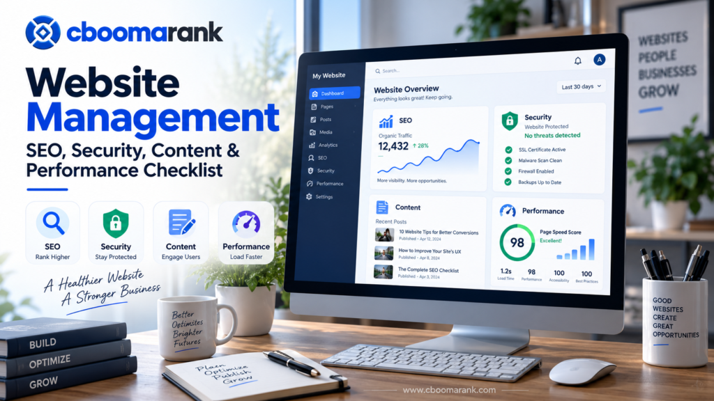 Website management dashboard covering SEO, security, content and performance monitoring for a healthier business website