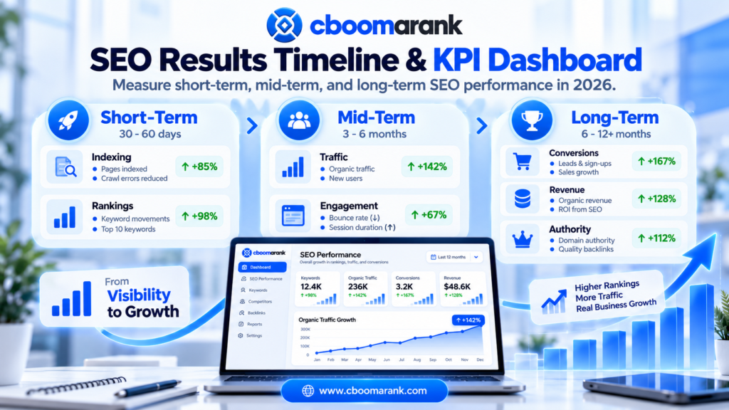 CBOOMARANK SEO results timeline and KPI dashboard showing short-term, mid-term and long-term SEO performance