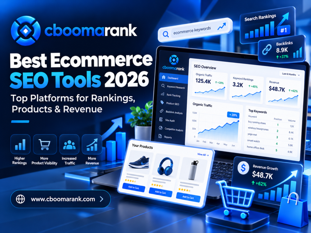CBOOMARANK best ecommerce SEO tools 2026 dashboard showing product rankings, organic traffic, backlinks, keyword research and ecommerce revenue growth