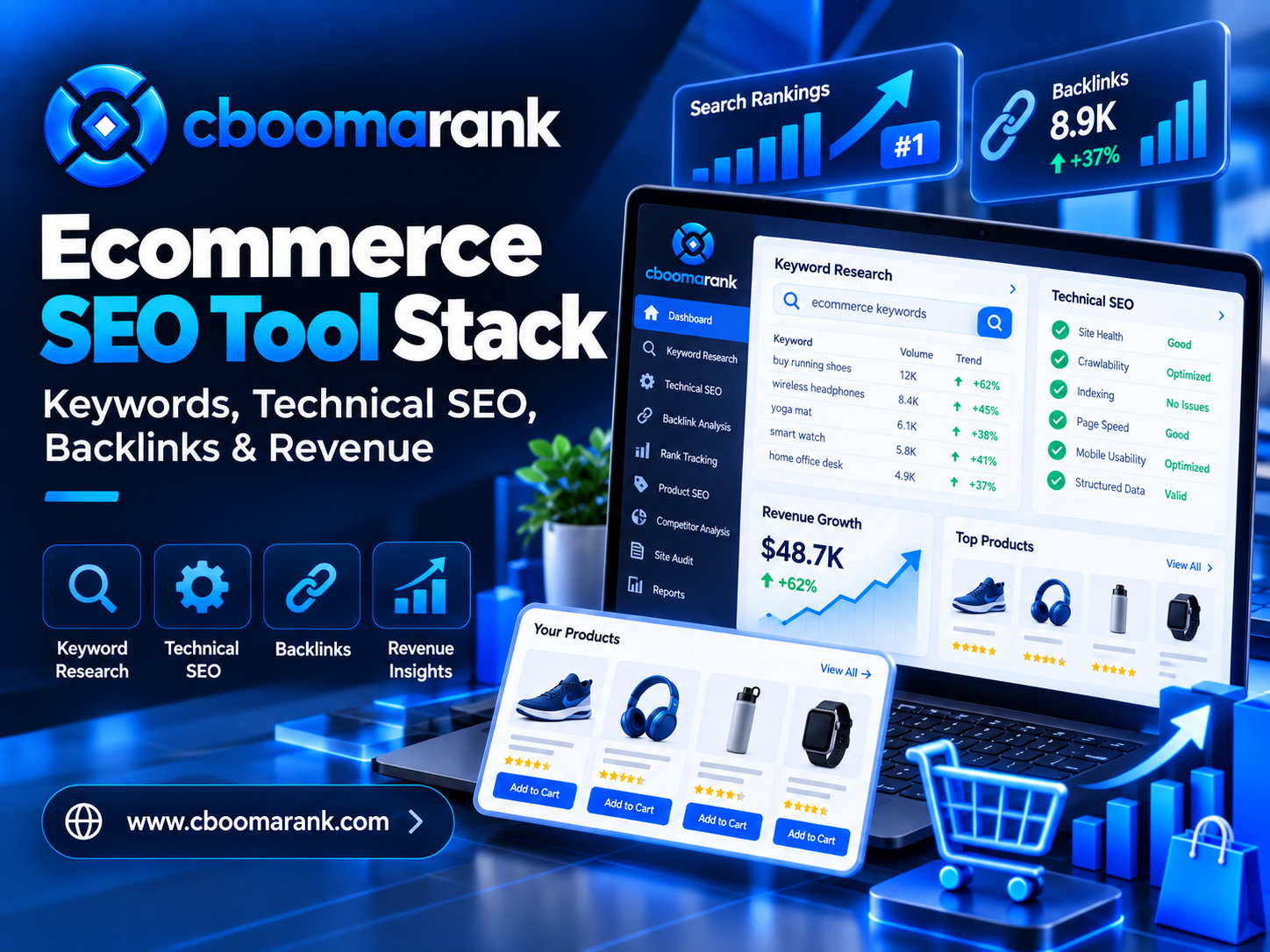CBOOMARANK ecommerce SEO tool stack covering keyword research, technical SEO, backlinks, product optimization and revenue insights