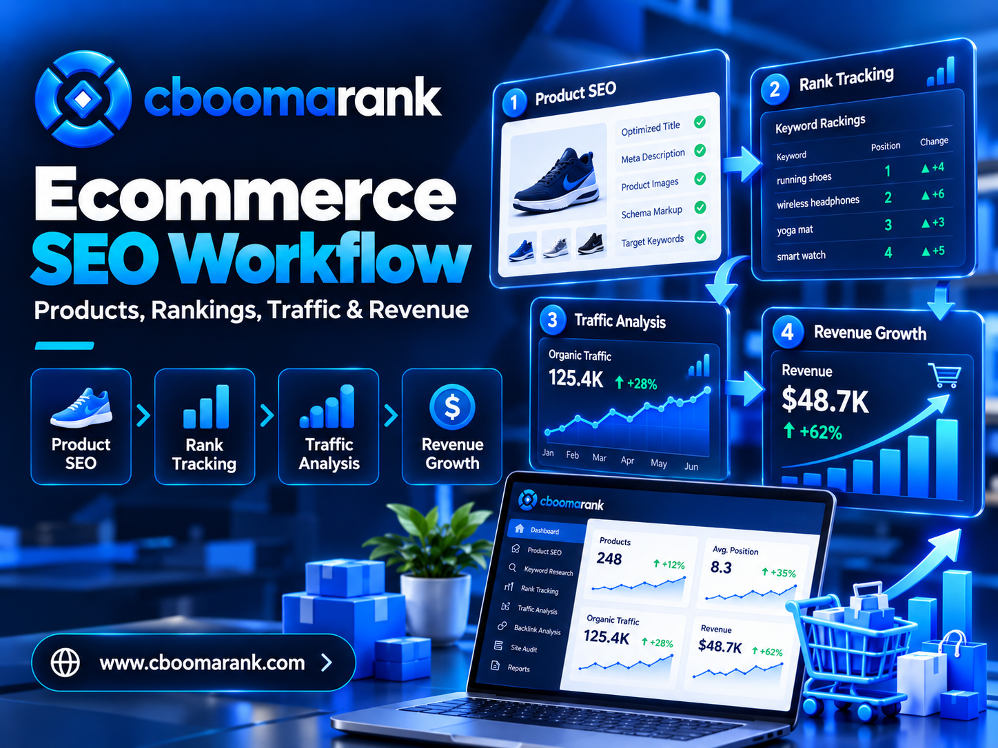 CBOOMARANK ecommerce SEO workflow showing product SEO, rank tracking, traffic analysis and revenue growth from organic search
