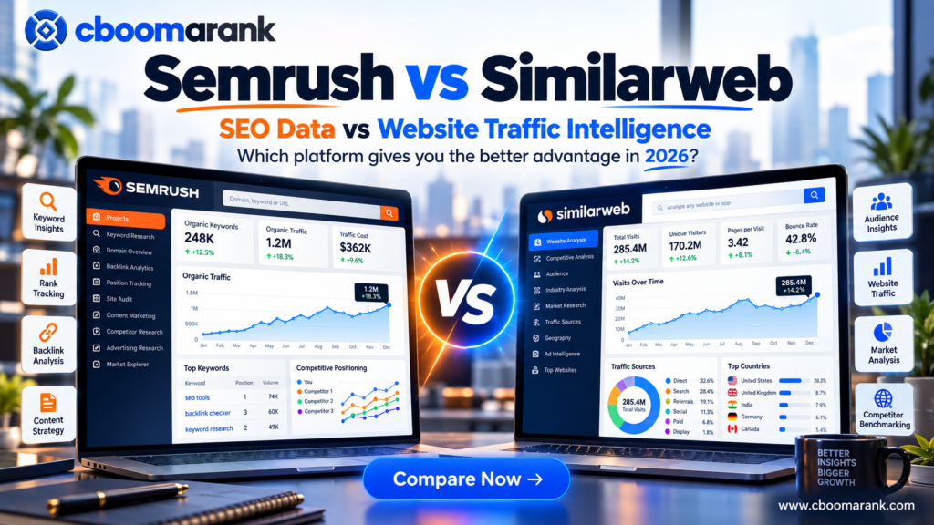 CBOOMARANK Semrush vs Similarweb 2026 comparison showing SEO data, website traffic intelligence, keyword insights, backlinks, audience analysis and market research
