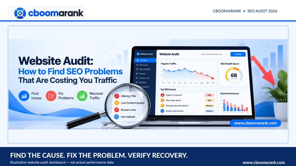 CBOOMARANK website audit: find SEO problems costing organic traffic, illustrative dashboard and diagnostic workflow