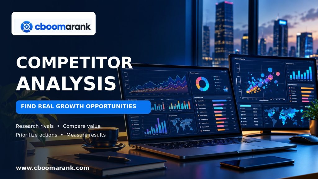 Competitor analysis guide with CBOOMARANK research dashboards and growth opportunities