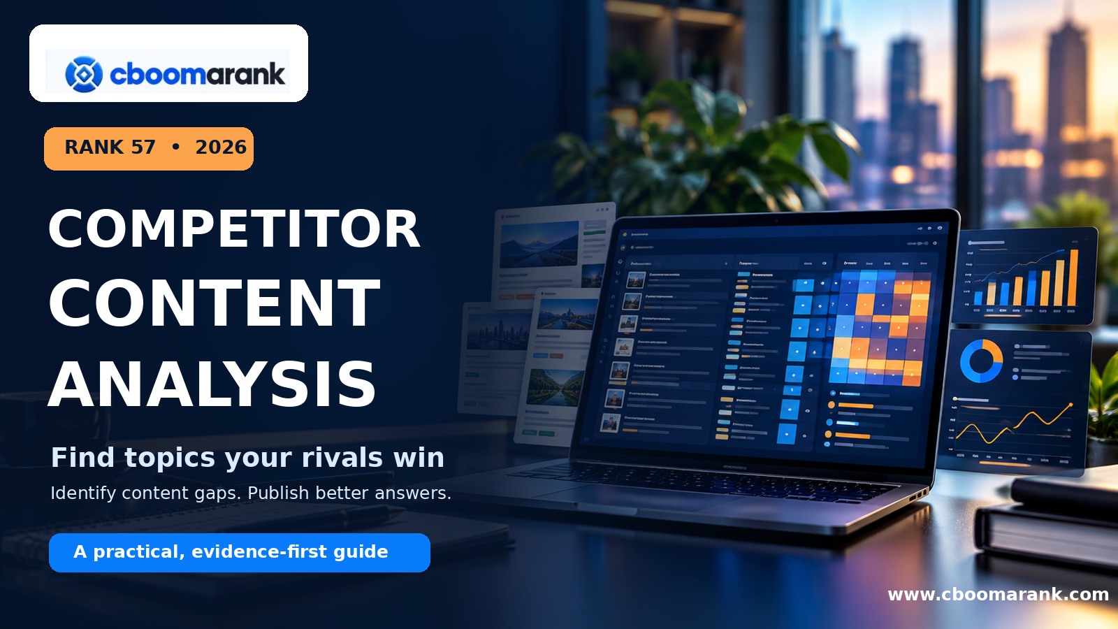 Competitor content analysis guide: CBOOMARANK dashboard showing page research and topic coverage