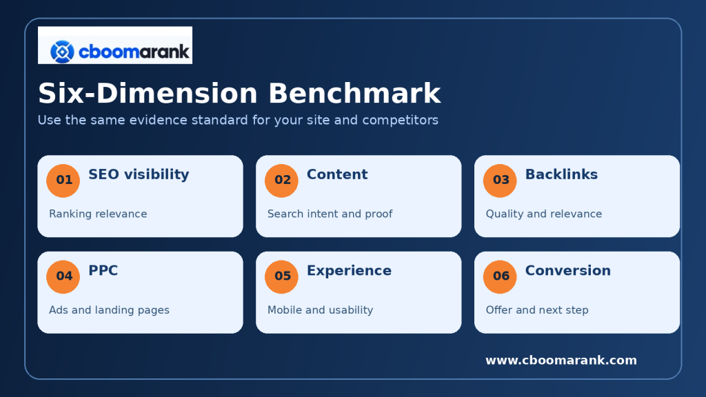 Six-dimension competitive analysis scorecard: SEO, content, backlinks, PPC, user experience and conversion