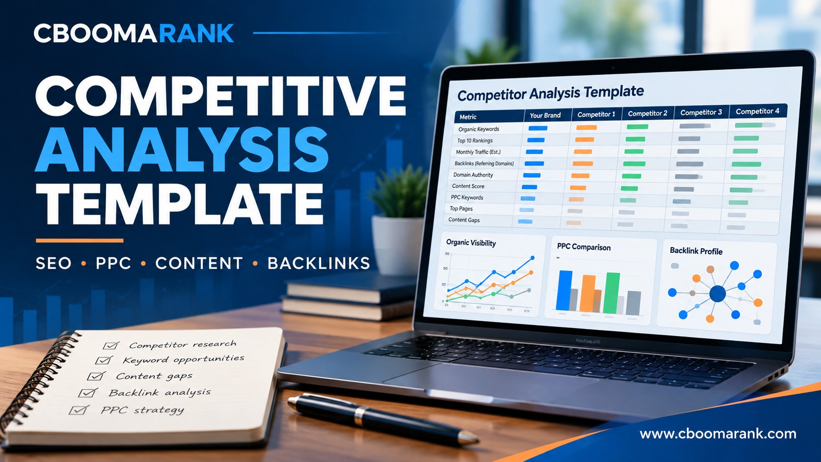 CBOOMARANK competitive analysis template cover with SEO, PPC, content and backlink dashboard