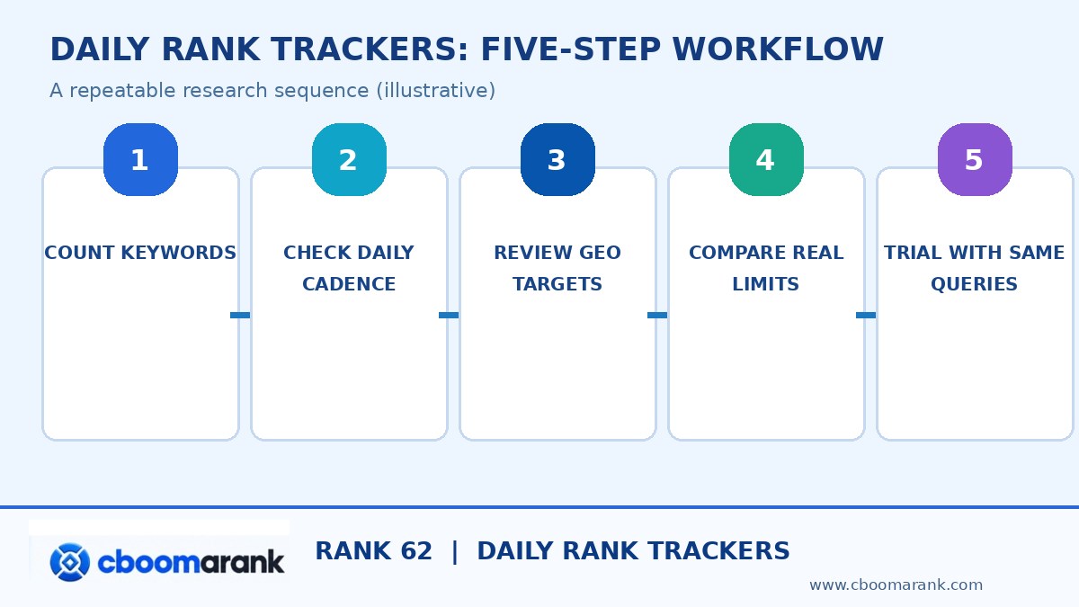 rank tracker workflow infographic: research evidence, settings and actions