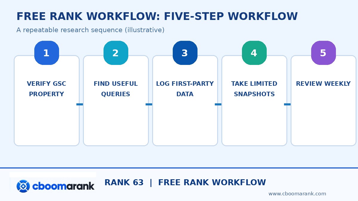free rank checker workflow infographic: research evidence, settings and actions