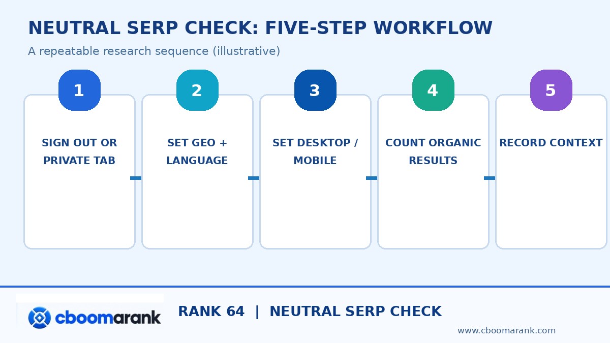 Google rank checker workflow infographic: research evidence, settings and actions