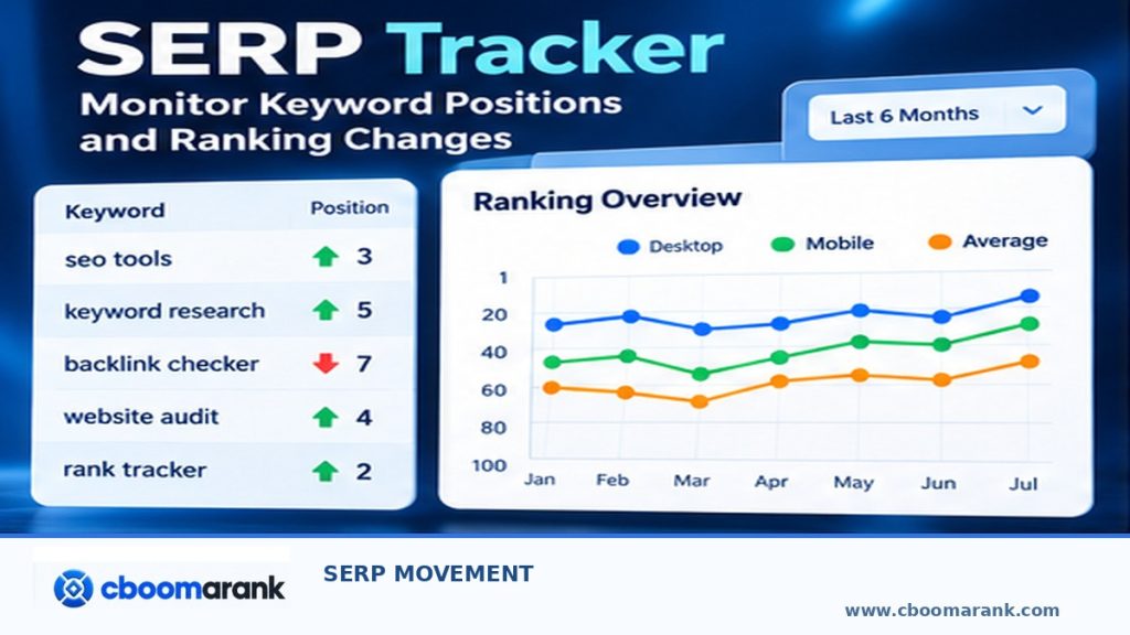 SERP tracker overview and CBOOMARANK branding