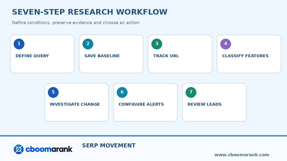SERP tracker workflow infographic: seven-step evidence and decision sequence