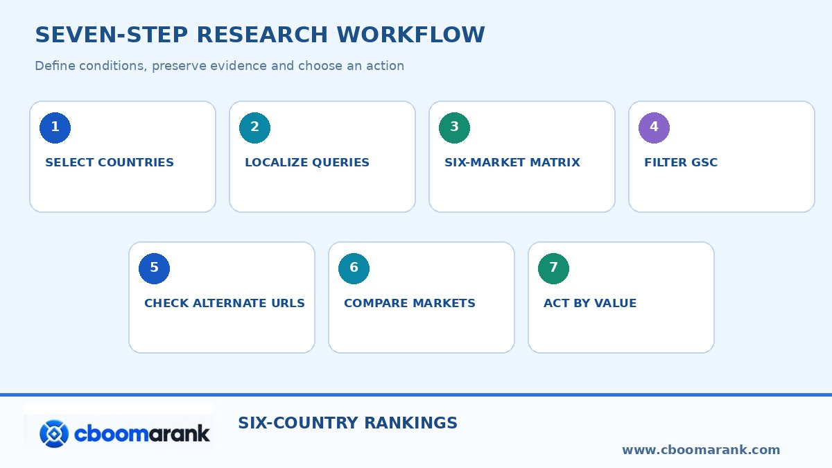 international rank tracking workflow infographic: seven-step evidence and decision sequence