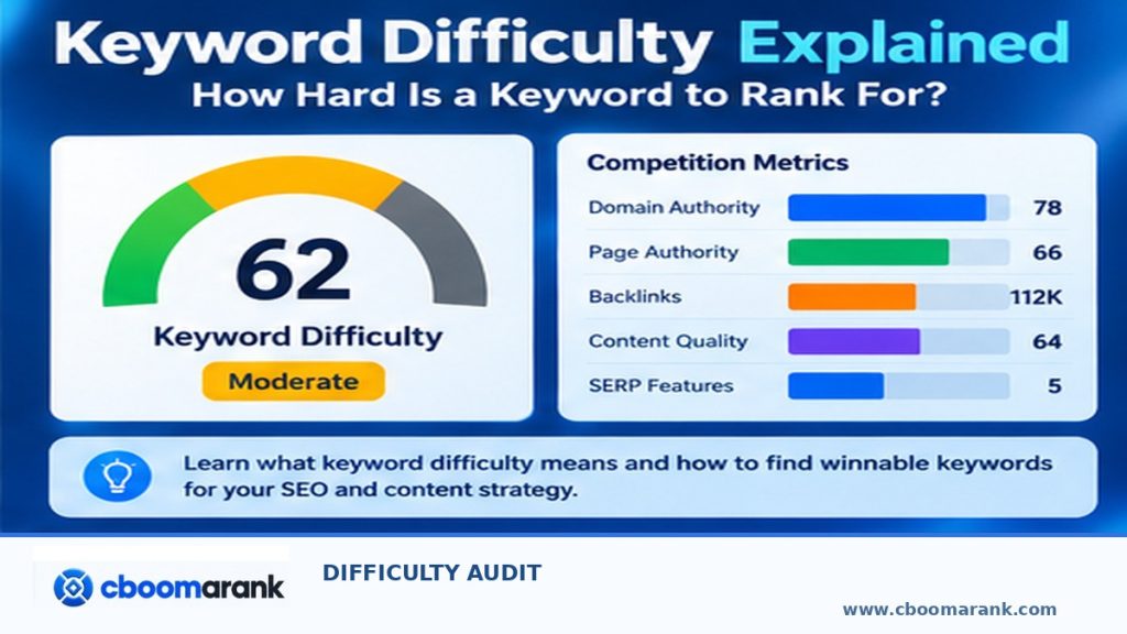 keyword difficulty overview and CBOOMARANK branding
