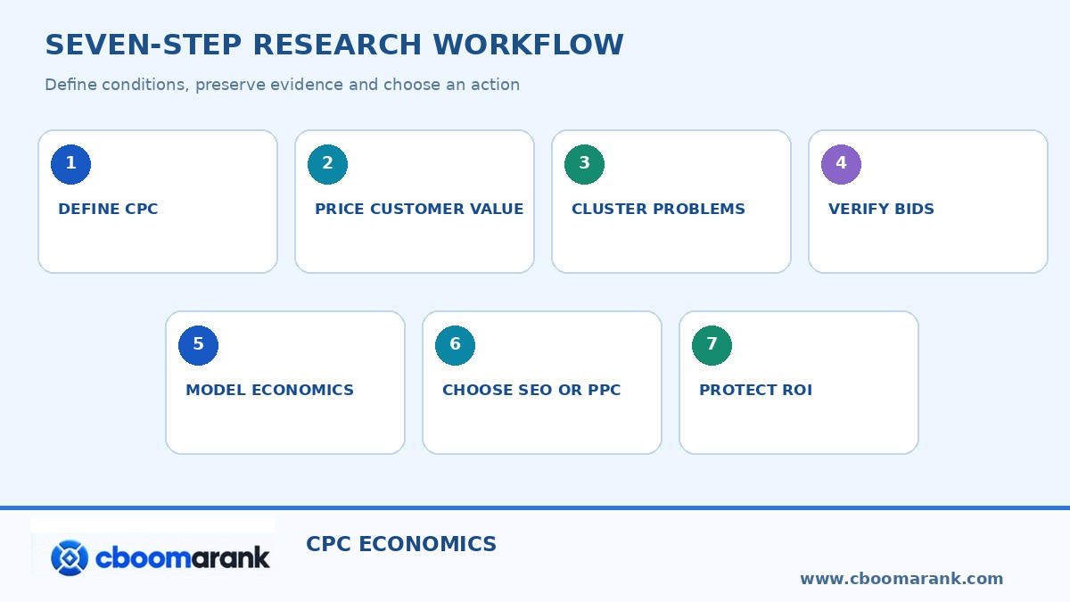 high CPC keywords workflow infographic: seven-step evidence and decision sequence