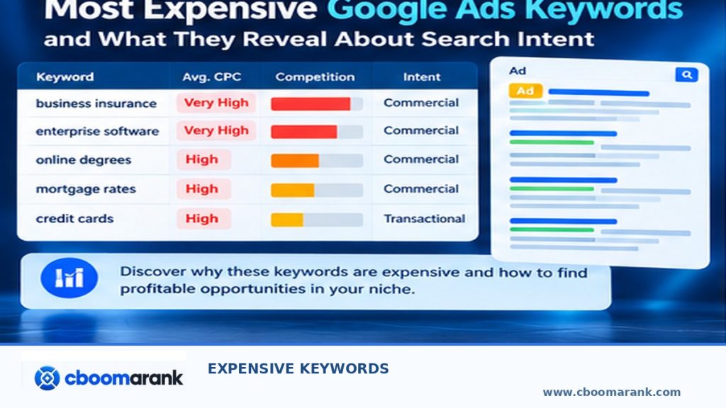 expensive keywords overview and CBOOMARANK branding