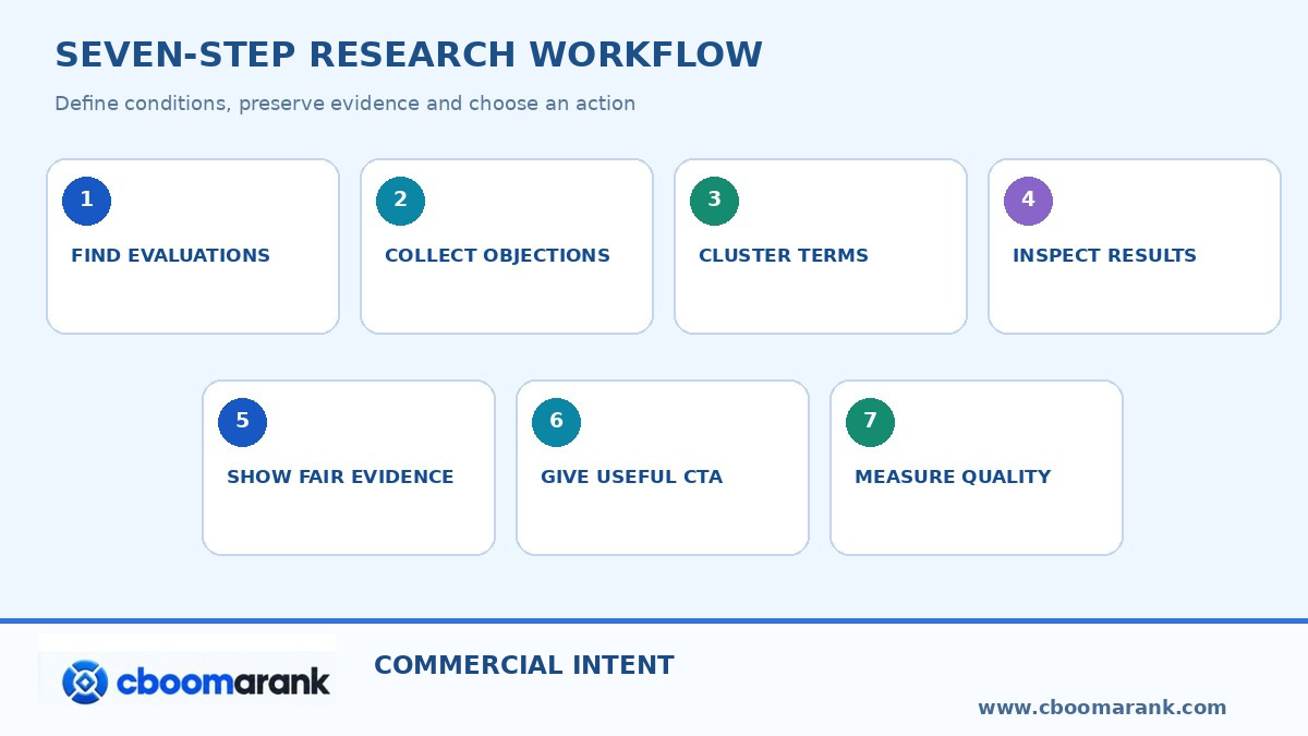 commercial keywords workflow infographic: seven-step evidence and decision sequence