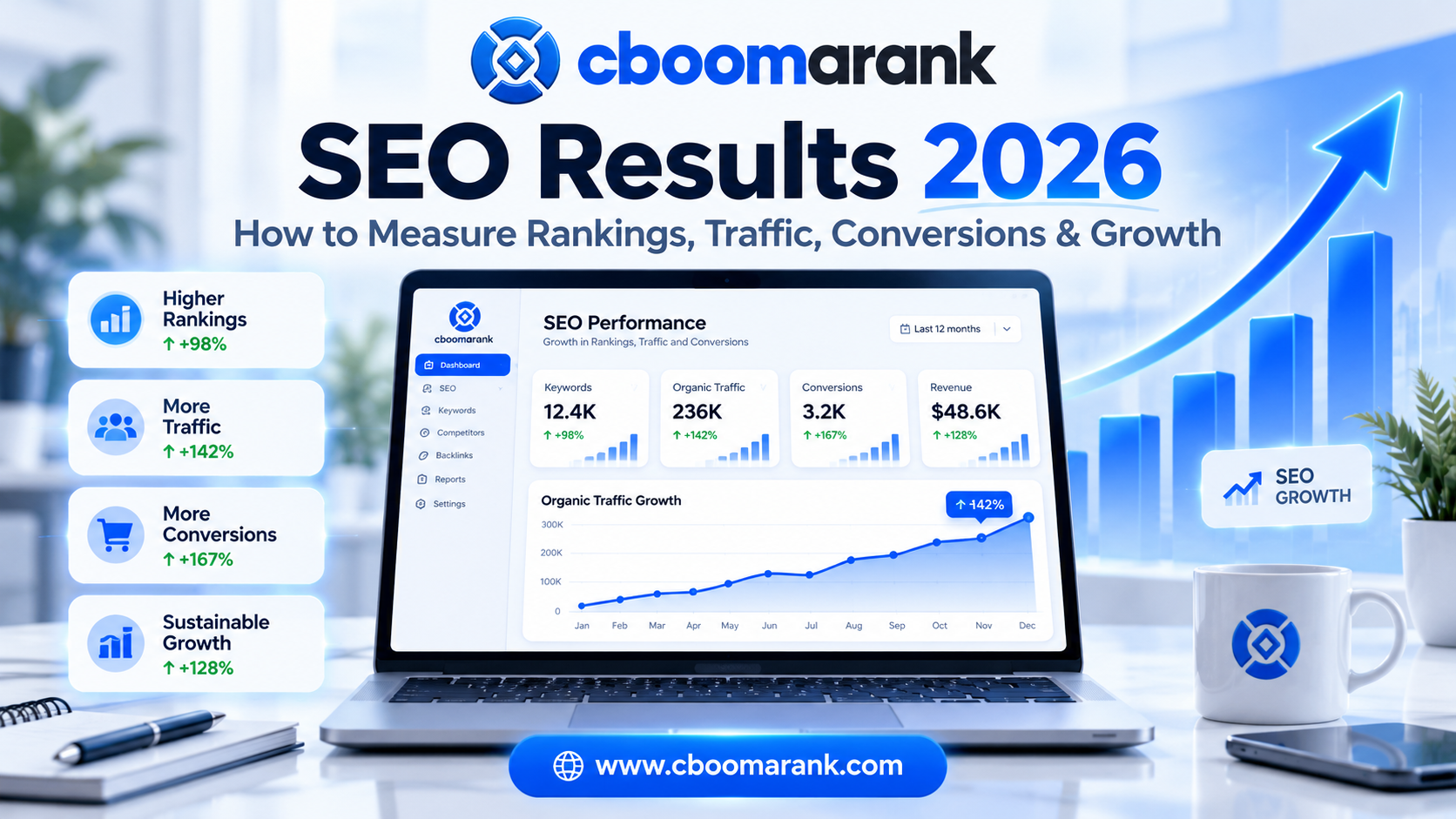 CBOOMARANK SEO Results 2026 dashboard showing rankings, organic traffic, conversions and growth metrics