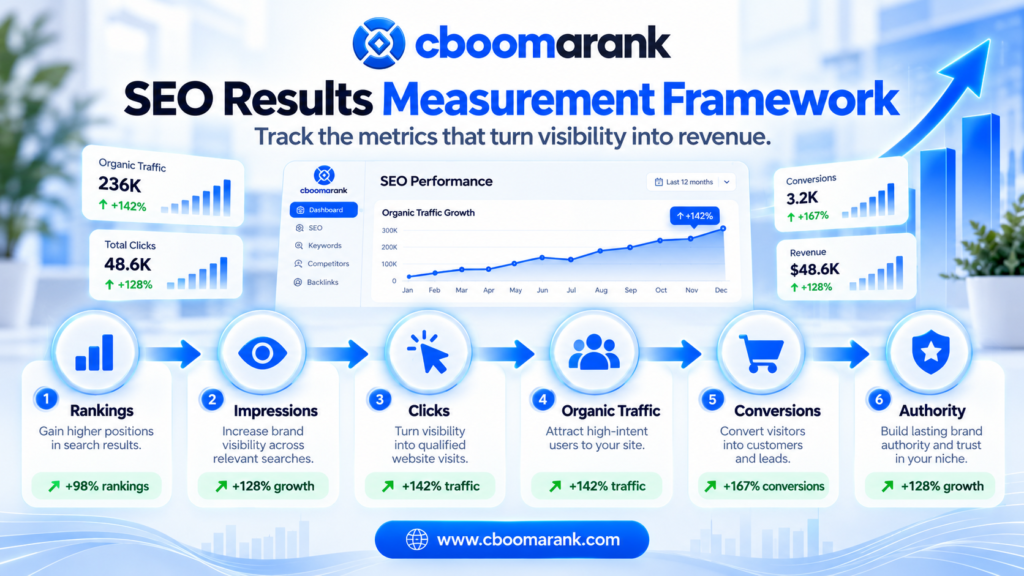 CBOOMARANK SEO results measurement framework showing rankings, impressions, clicks, organic traffic, conversions and authority